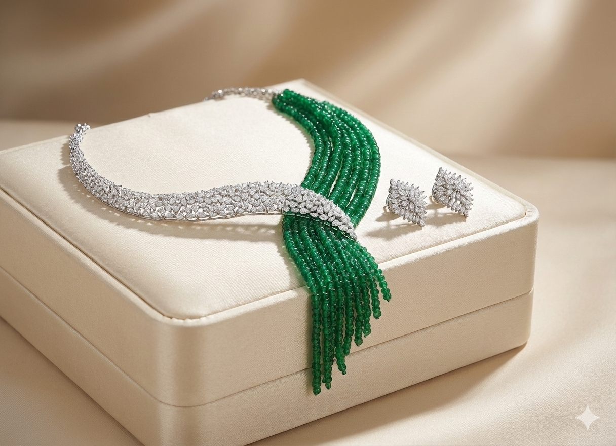 Emerald Cascade Diamond-Style Beaded Necklace Set