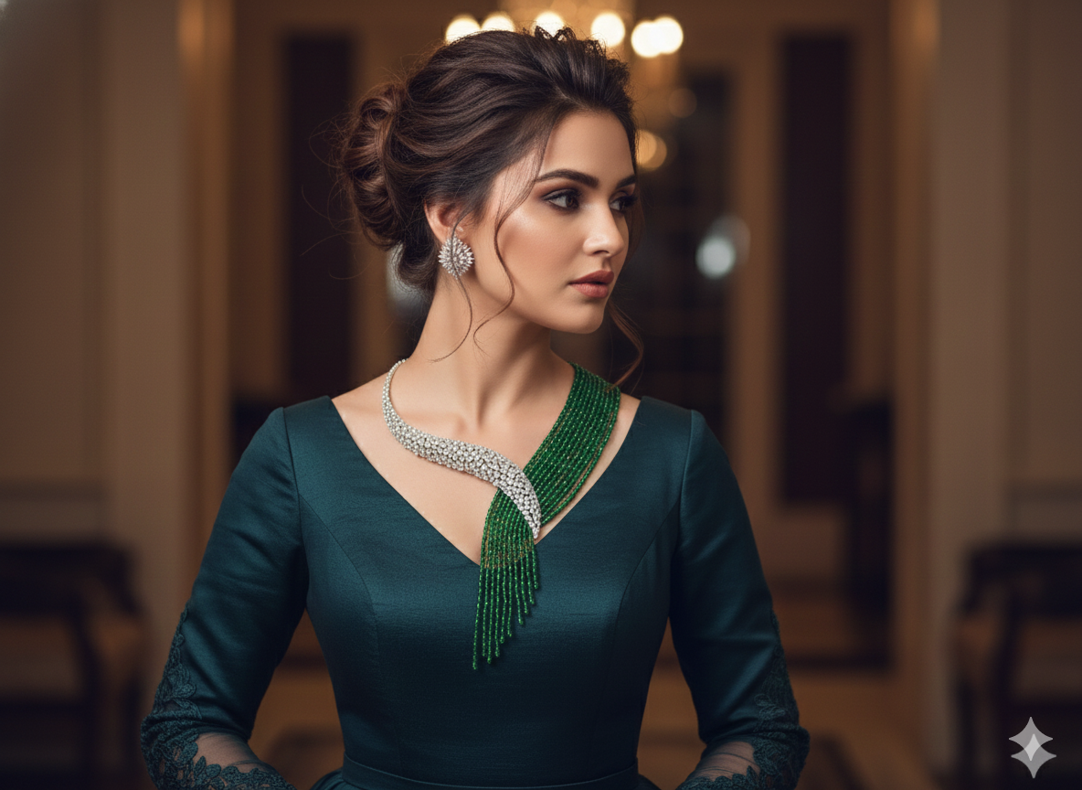 Emerald Cascade Diamond-Style Beaded Necklace Set