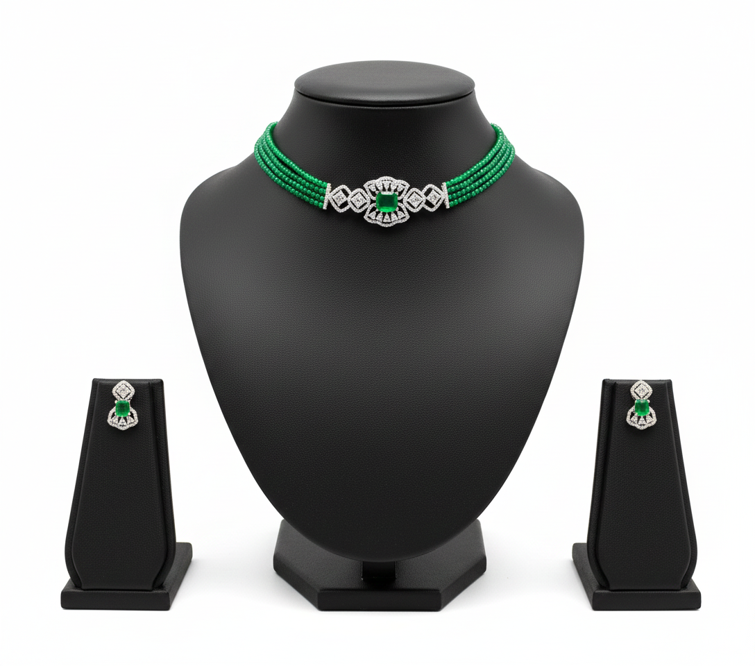 Emerald Luxe Beaded Choker Set with Diamond-Inspired Motif RJ