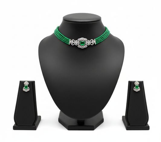 Emerald Luxe Beaded Choker Set with Diamond-Inspired Motif RJ