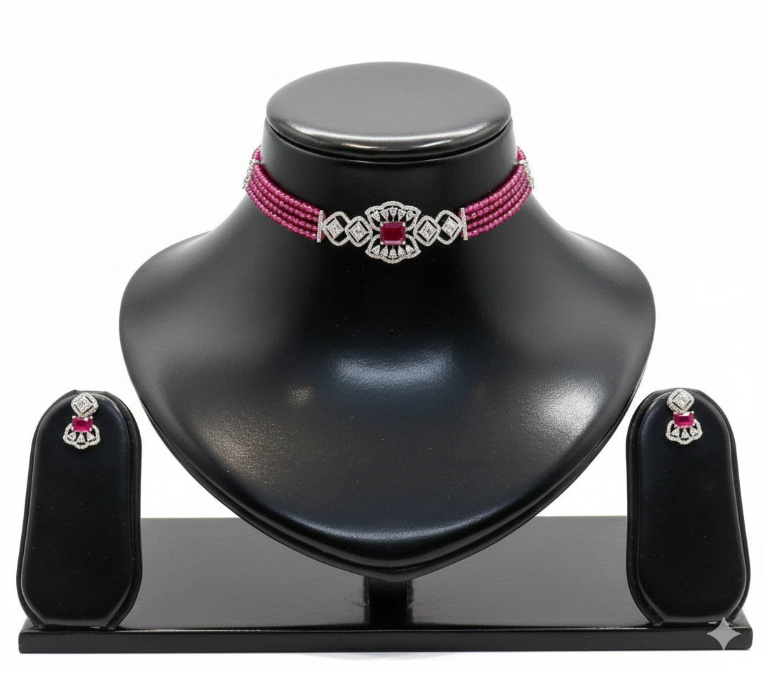 Emerald Luxe Beaded Choker Set with Diamond-Inspired Motif RJ