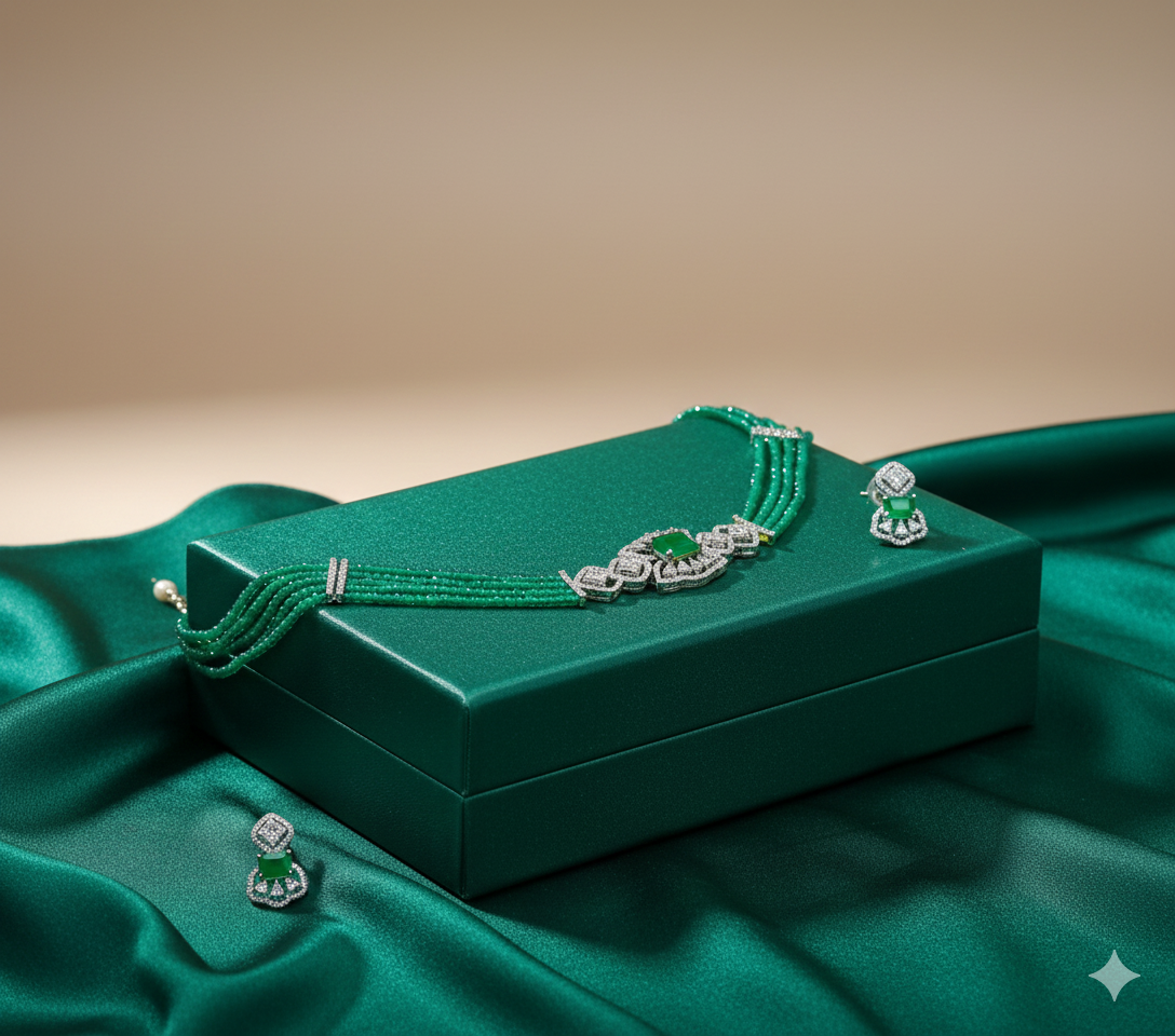Emerald Luxe Beaded Choker Set with Diamond-Inspired Motif RJ