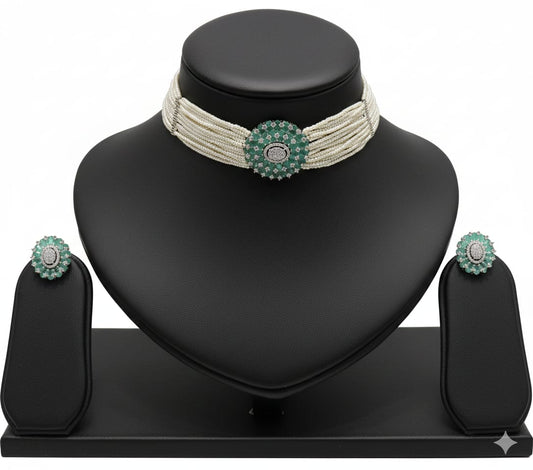 Contemporary Emerald Floral Pearl Choker Set