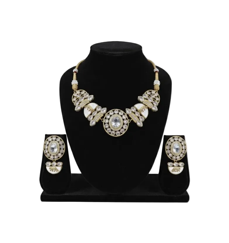 Regal White Enamel & Crystal Kundan-Style Gold-Tone Necklace Set DSLC-04