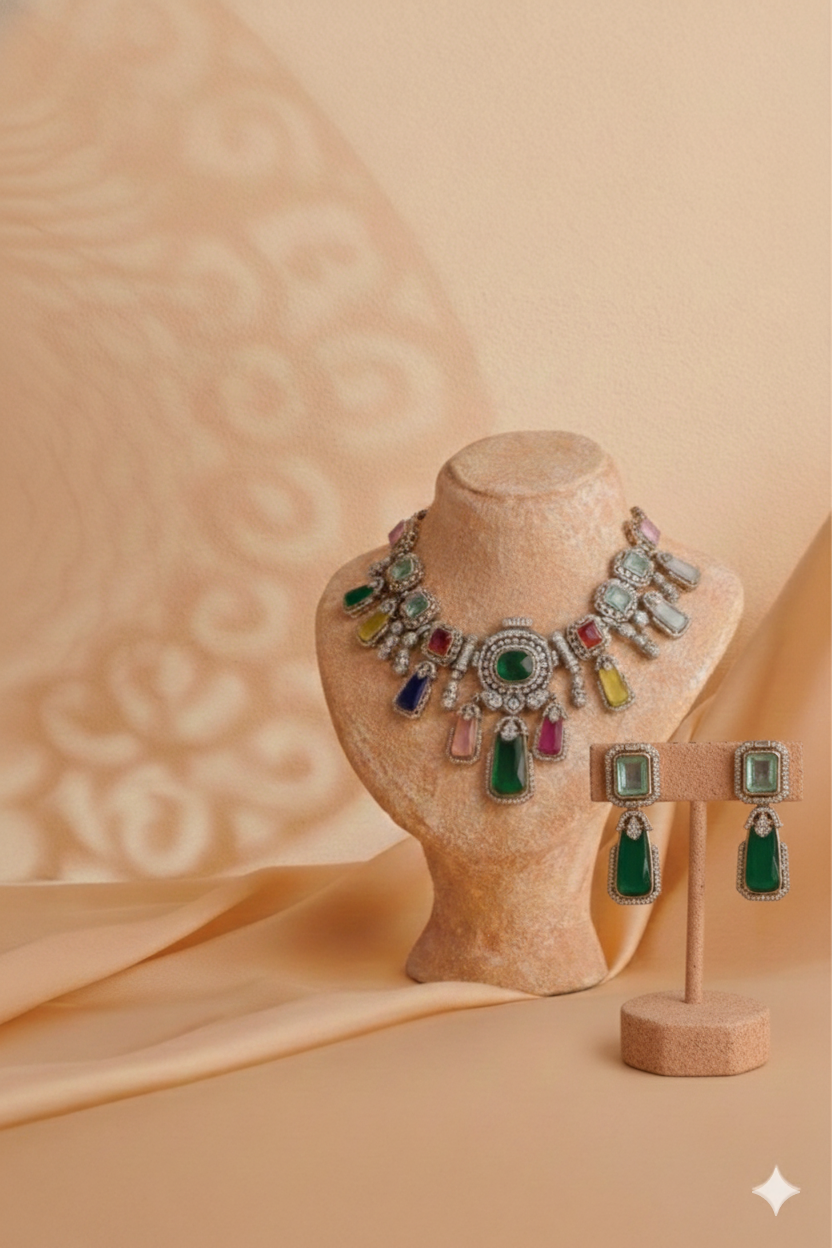 Elegant Multicolor Gemstone Statement Necklace & Earring Set DSLC-01