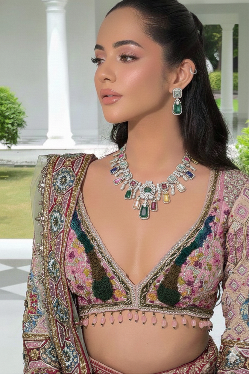 Elegant Multicolor Gemstone Statement Necklace & Earring Set DSLC-01