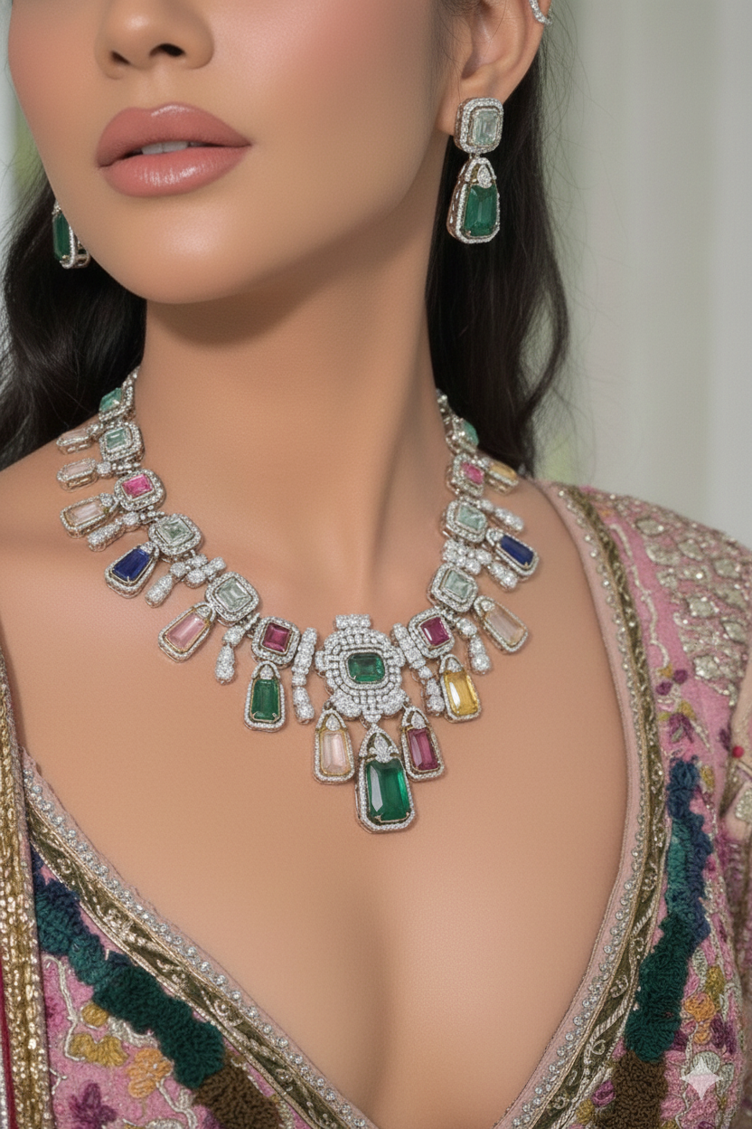 Elegant Multicolor Gemstone Statement Necklace & Earring Set DSLC-01