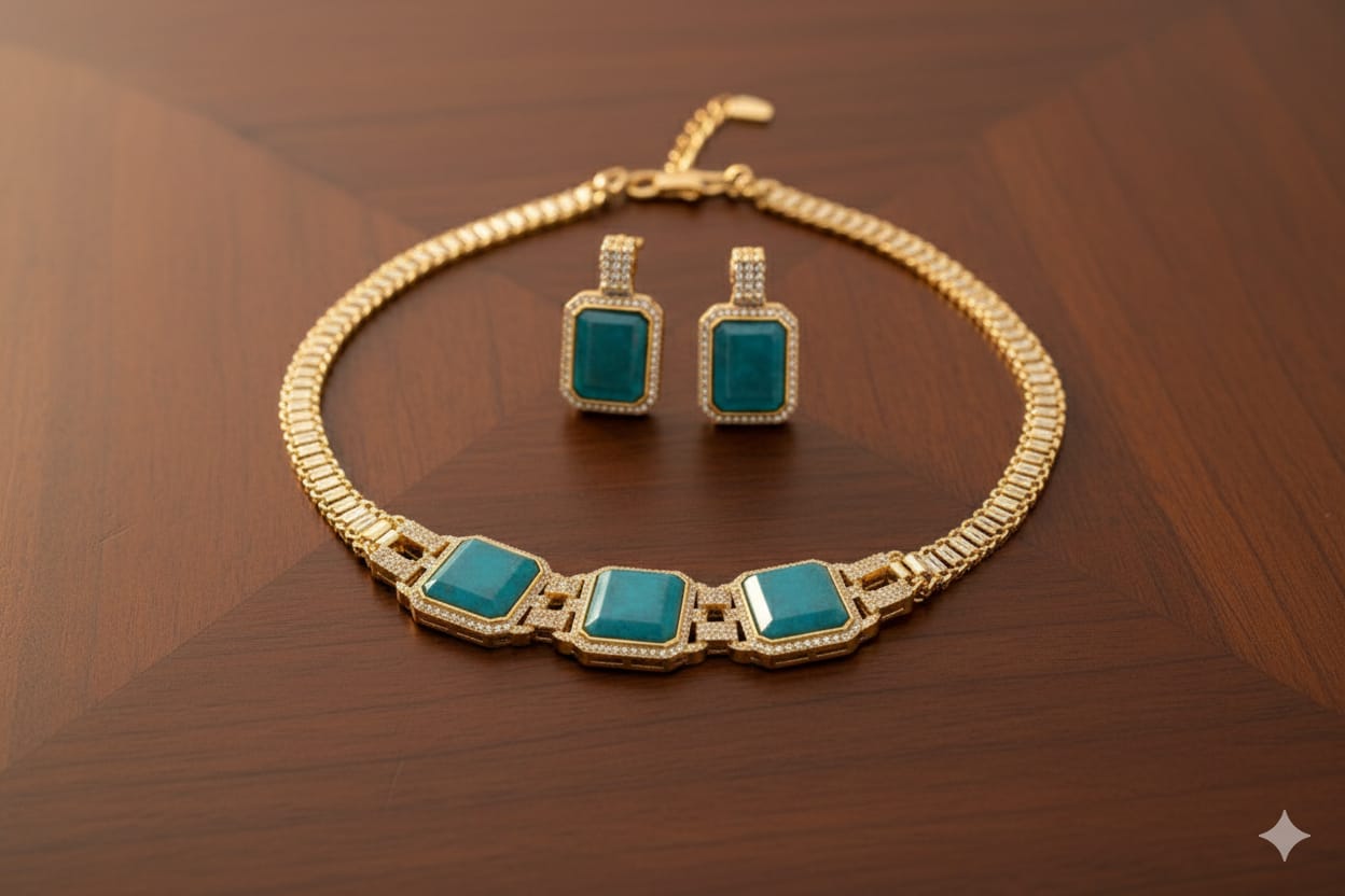 Regal Azure Emerald-Tone Statement Necklace Set DSLC 08