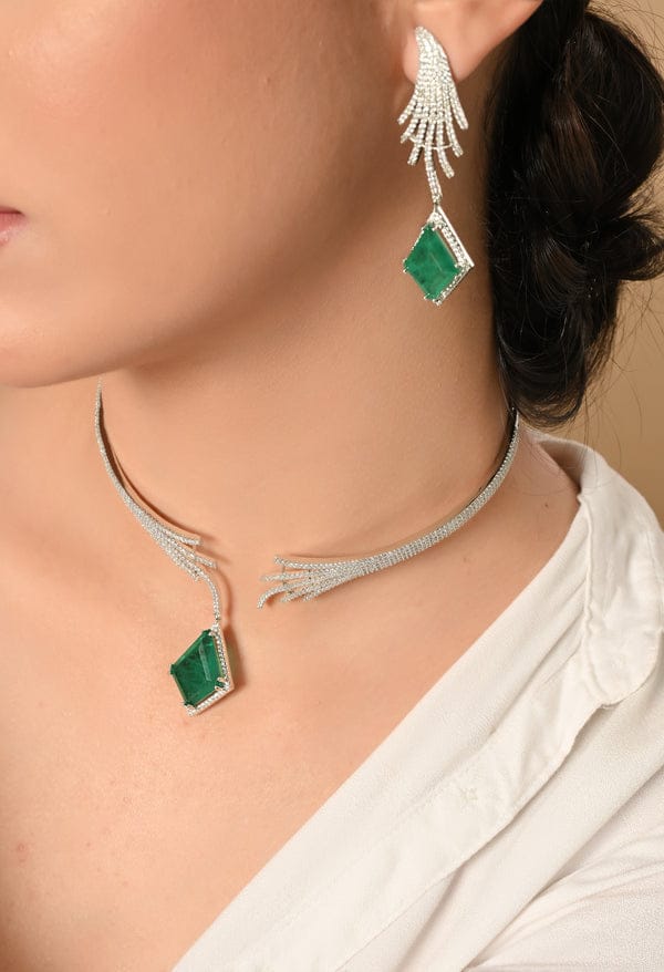 Emerald Grace Diamond-Finish Necklace & Earring Set. DSRJ05