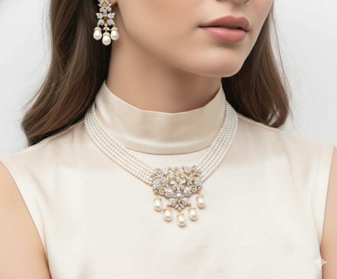 Ivory Pearl Blossom Choker Set