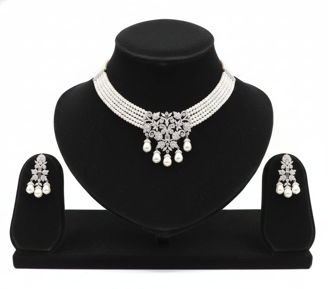 Ivory Pearl Blossom Choker Set