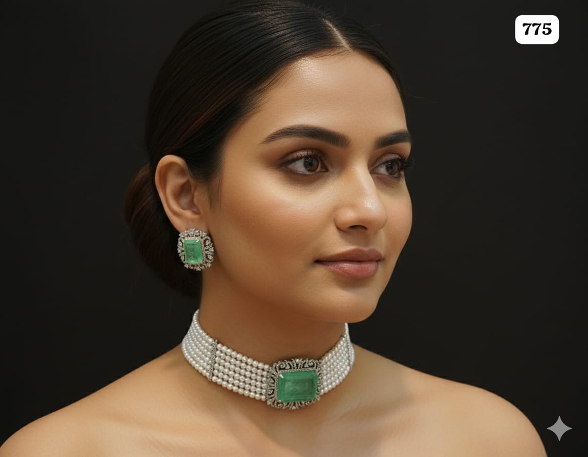 Exquisite Emerald Green & Pearl Multi-Strand Choker Set