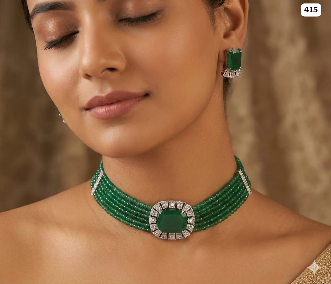 Exquisite Emerald  Beaded Choker & Earring Set