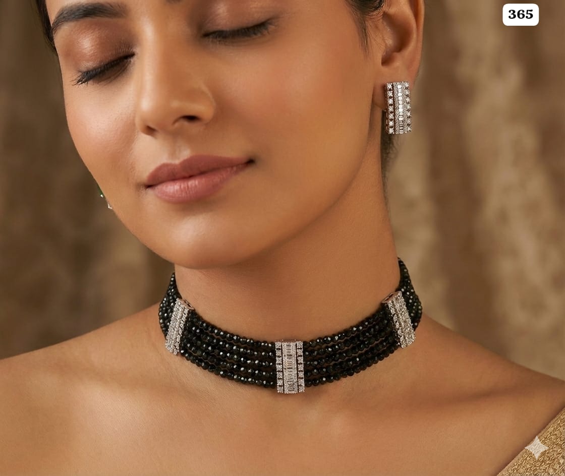 Glamour Noir: Multi-Strand Beaded Choker Set with Crystal Bars