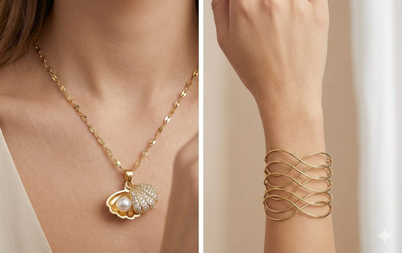 Golden Seashell Pearl Necklace & Sculpted Cuff Bracelet Set
