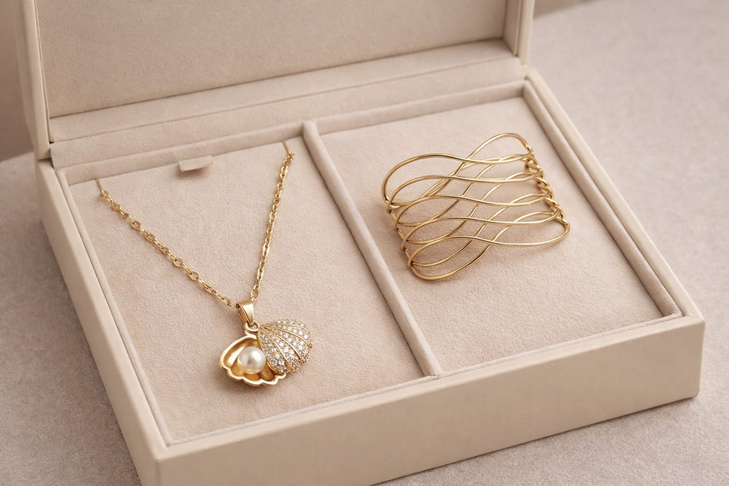 Golden Seashell Pearl Necklace & Sculpted Cuff Bracelet Set