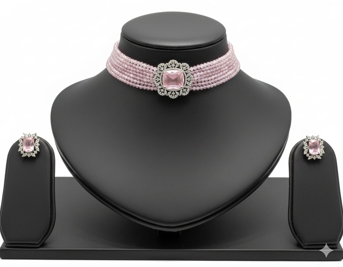 Emeralds Multi-Strand Beaded Choker Set with Cushion-Cut Pendant and Matching Studs