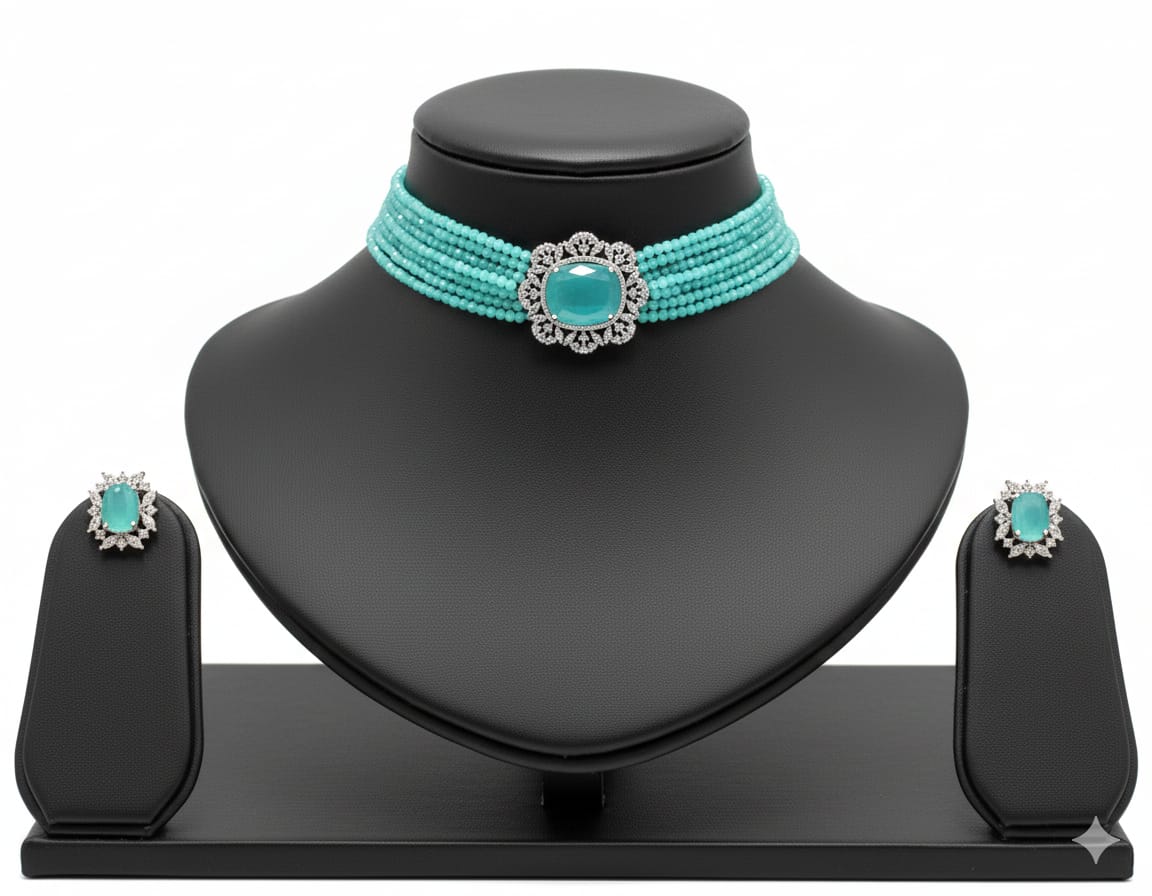 Emeralds Multi-Strand Beaded Choker Set with Cushion-Cut Pendant and Matching Studs
