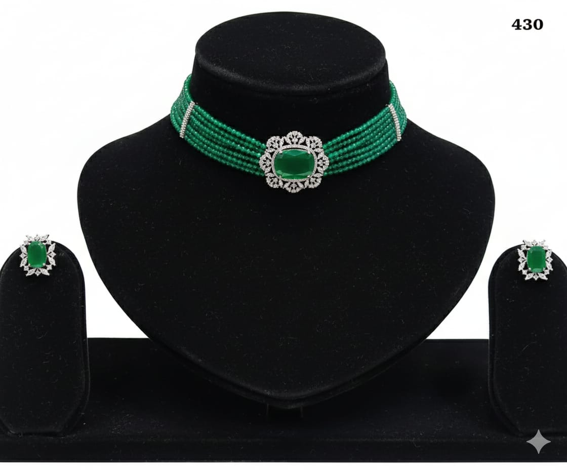 Emeralds Multi-Strand Beaded Choker Set with Cushion-Cut Pendant and Matching Studs