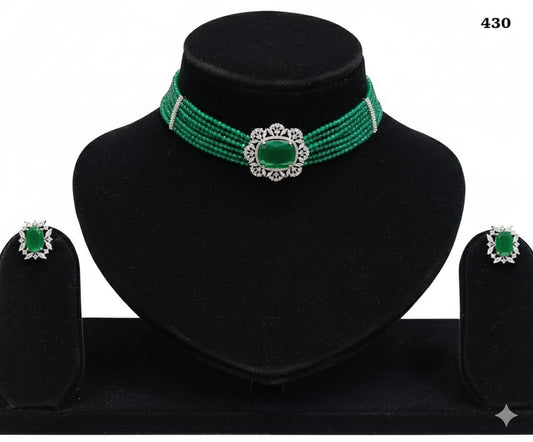 Emeralds Multi-Strand Beaded Choker Set with Cushion-Cut Pendant and Matching Studs