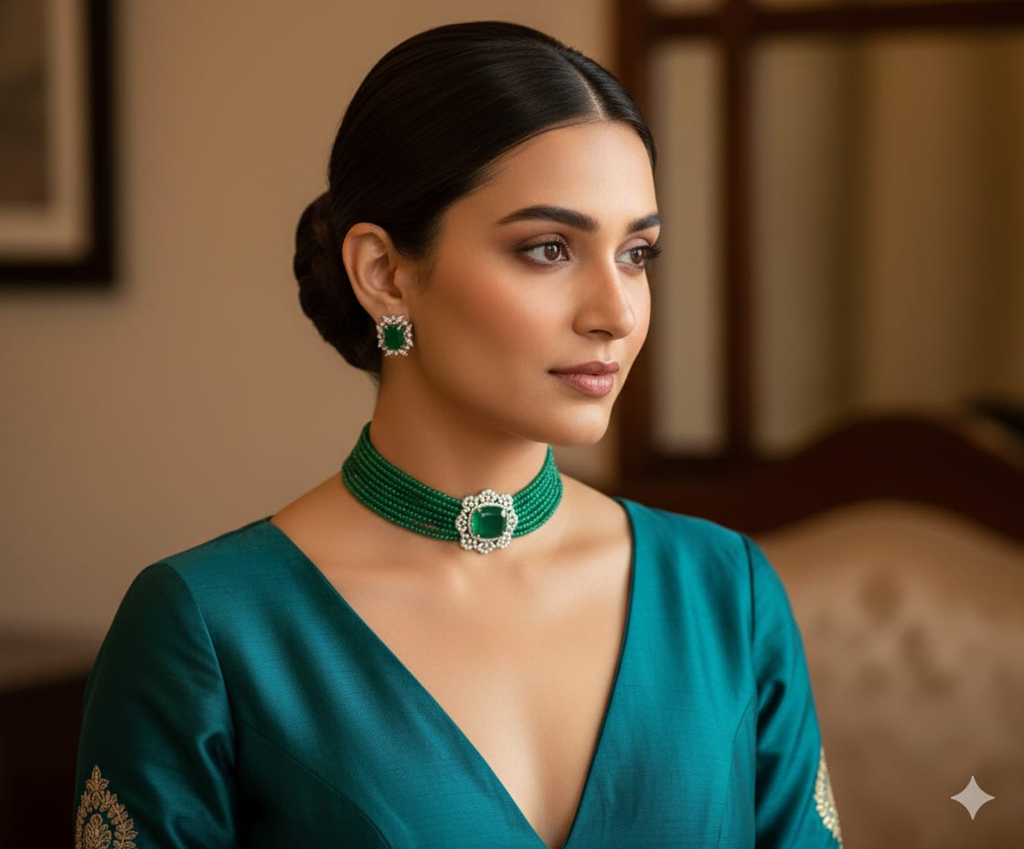 Emeralds Multi-Strand Beaded Choker Set with Cushion-Cut Pendant and Matching Studs