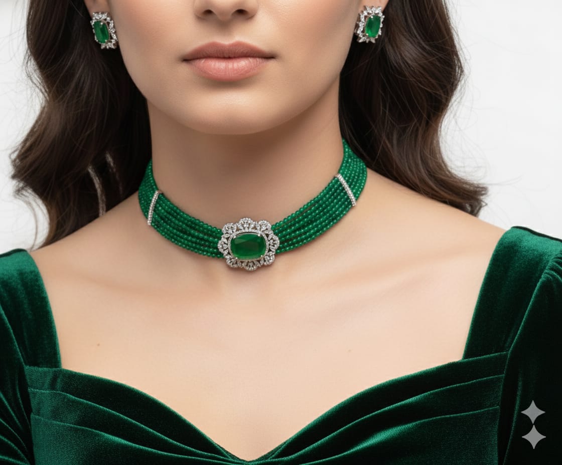 Emeralds Multi-Strand Beaded Choker Set with Cushion-Cut Pendant and Matching Studs