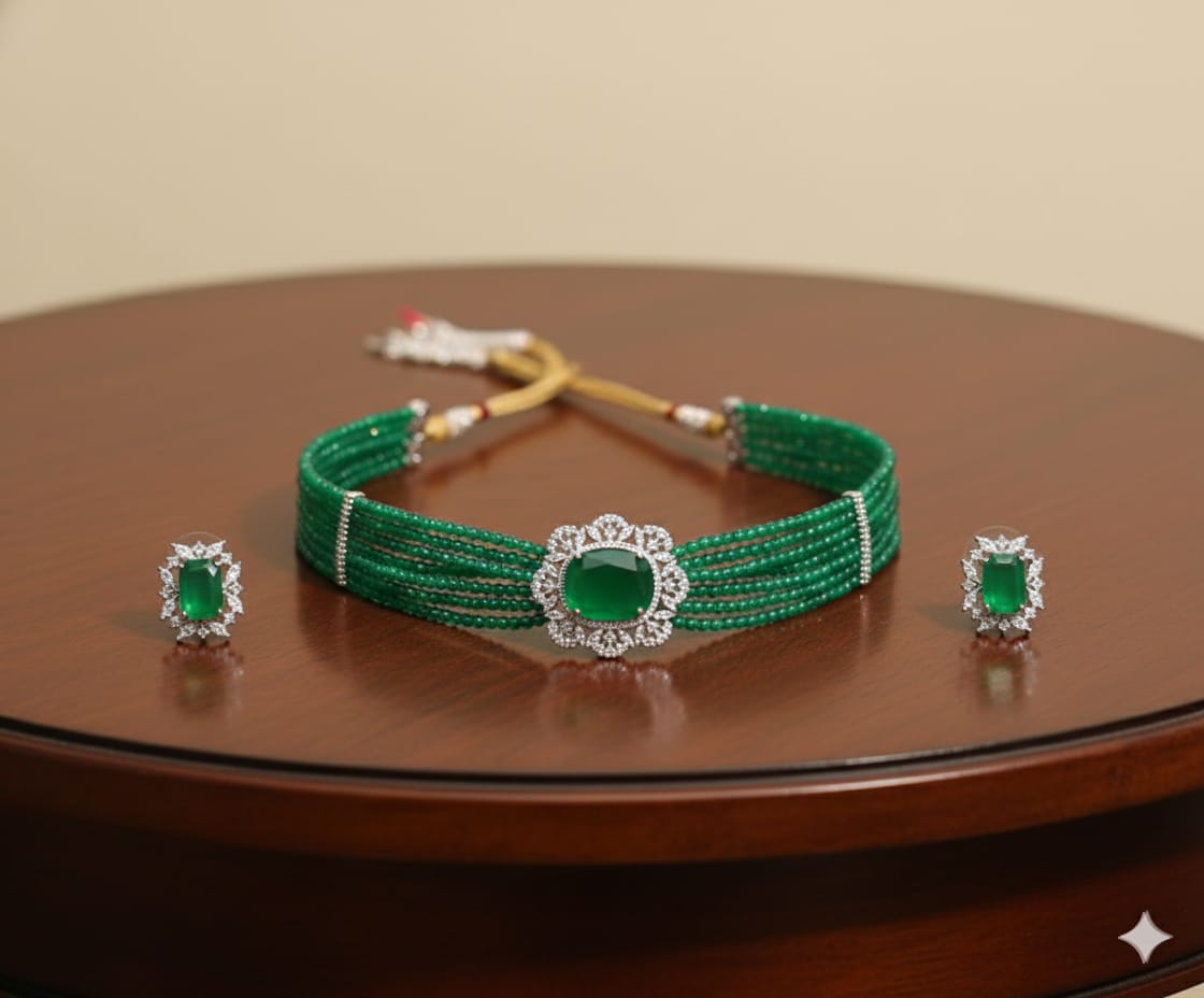 Emeralds Multi-Strand Beaded Choker Set with Cushion-Cut Pendant and Matching Studs