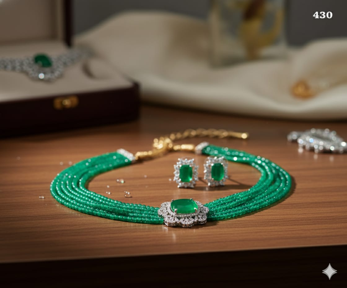Emeralds Multi-Strand Beaded Choker Set with Cushion-Cut Pendant and Matching Studs