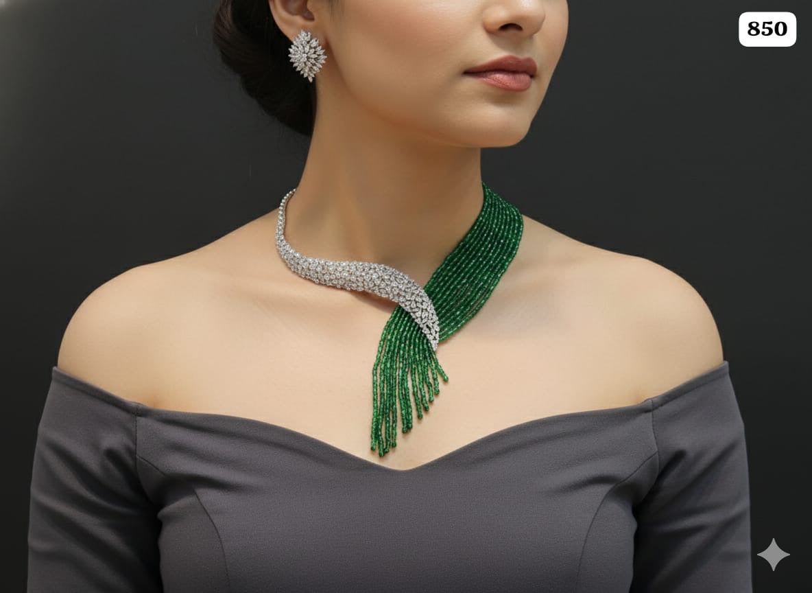 Emerald Cascade Diamond-Style Beaded Necklace Set